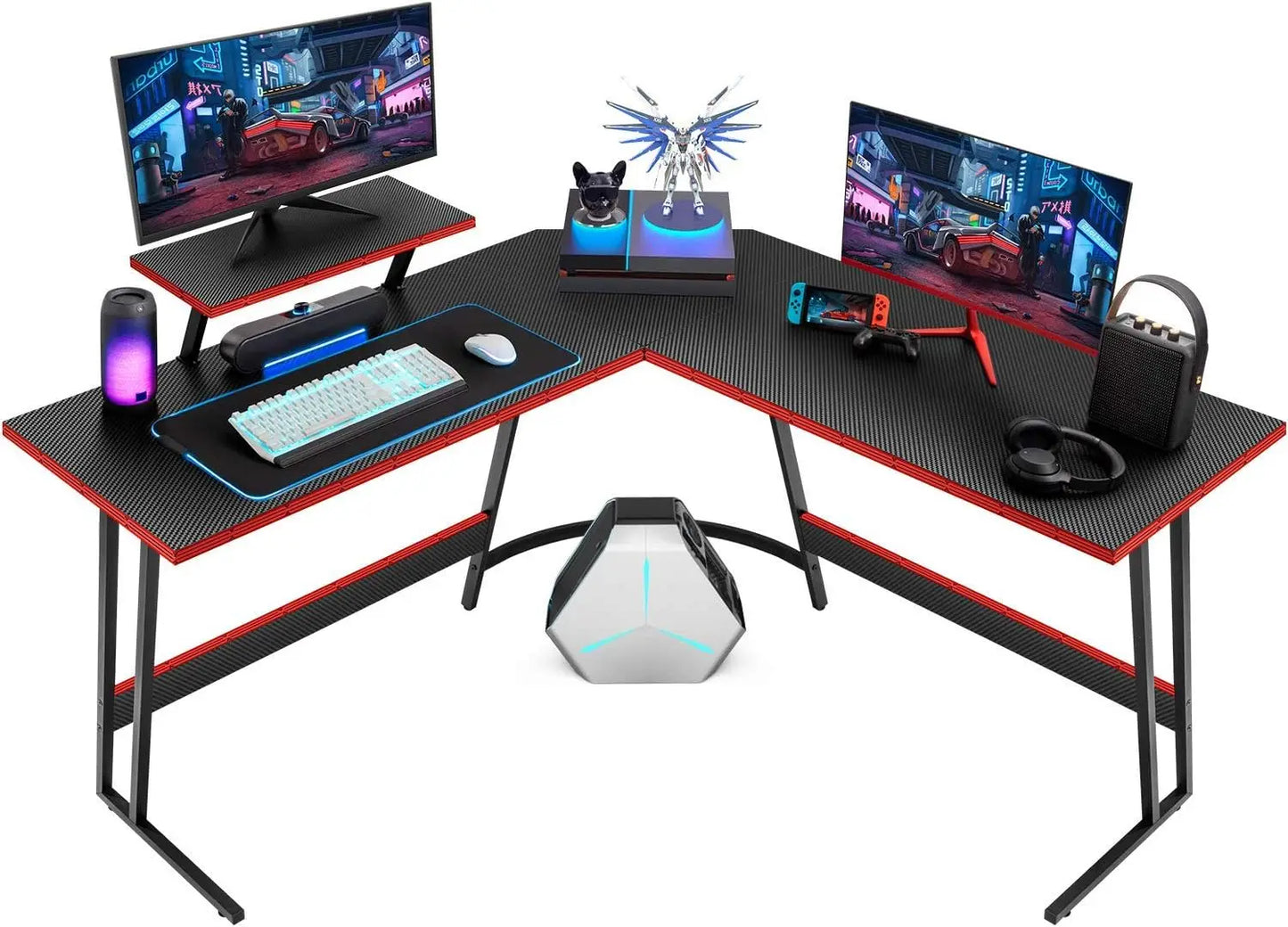 PC Gaming Desk with Large Monitor Riser – L-Shaped Corner Desk, Sturdy Writing Workstation for Office & Computer
