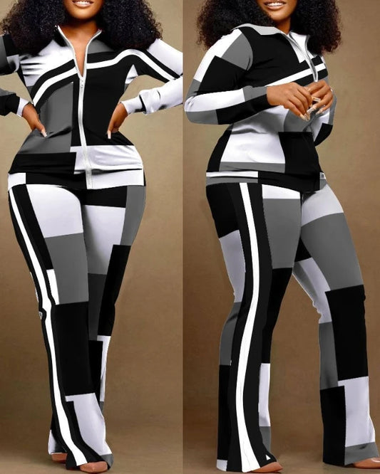 Women’s 2023 Autumn Two-Piece Set – Geometric Print Stand Collar Zip-Up Top & Casual Sporty Pants
