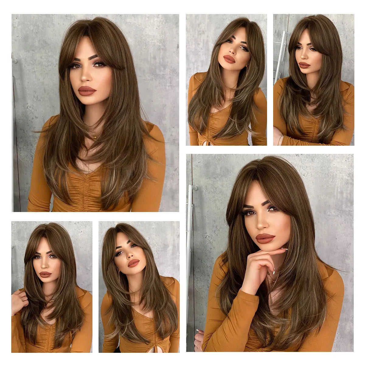 7JHH Honey Blonde Wig with Bangs - Long Brown Layered Heat Resistant Synthetic Wig for Women, Daily Use