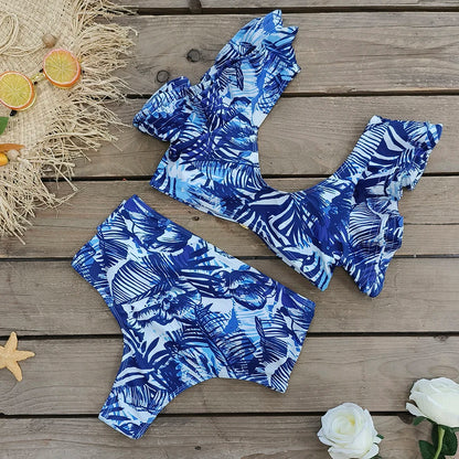 Sporlike V-Neck Ruffled Bikini Set – High Waist Sexy Printed Two-Piece Swimsuit for Women 2025