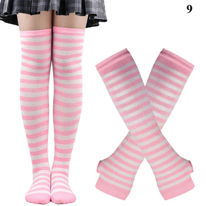 Women’s Over-Knee Long Stripe Socks & Arm Sleeve Gloves – Cute Plus Size Thigh High Cotton Socks