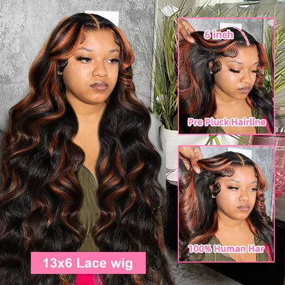 30 Inch Brazilian Body Wave Highlight Ombre Wig – 13x4 Lace Front, 1B/30 Black Brown Human Hair Wig for Women