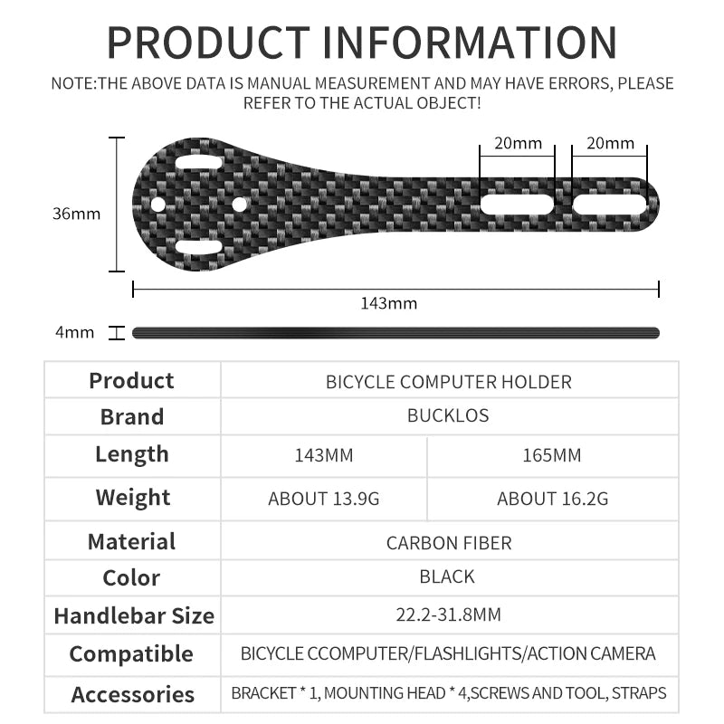 BUCKLOS Carbon Fiber Bike Computer Mount – 143mm/165mm Speedometer Holder for Garmin, Road & Mountain Bikes