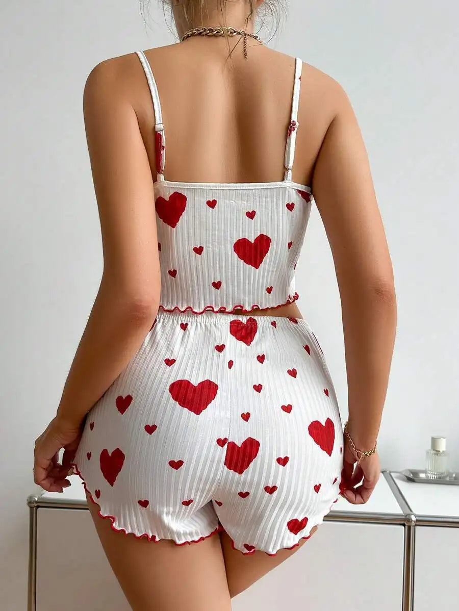 Women's 2PC Pajama Set – Soft Sleeveless Tank & Shorts | Casual Sleepwear with Love Print (S- L, White)