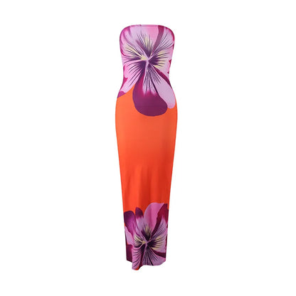 Women’s Floral Strapless Maxi Dress - High Waist Slim Fit Summer Vacation & Evening Party Dress