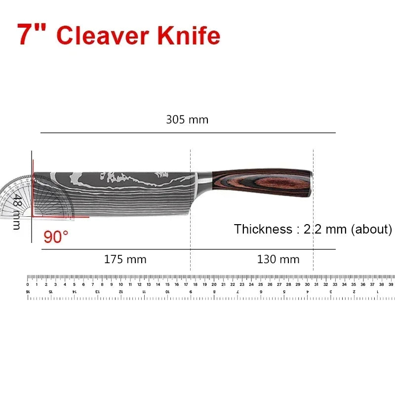 Laser Damascus Kitchen Knife Set – Cleaver, Meat, Fruit, Bread, Boning Knife and Chicken Scissors for Barbecue and Home Cooking