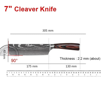 Laser Damascus Kitchen Knife Set – Cleaver, Meat, Fruit, Bread, Boning Knife and Chicken Scissors for Barbecue and Home Cooking