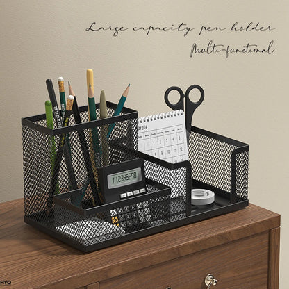 Mesh Desk Organizer Caddy with Pencil Holder and 3 Compartments for Office Desktop Storage – Black Office Supplies Organizer