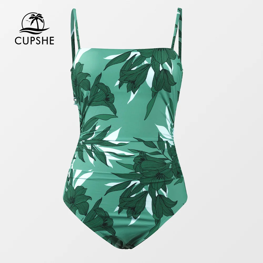 CUPSHE Leaf Print Square Neck One-Piece Swimsuit for Women – Sexy Backless Shirred Monokini Swimwear 2023 Beach Bathing Suit