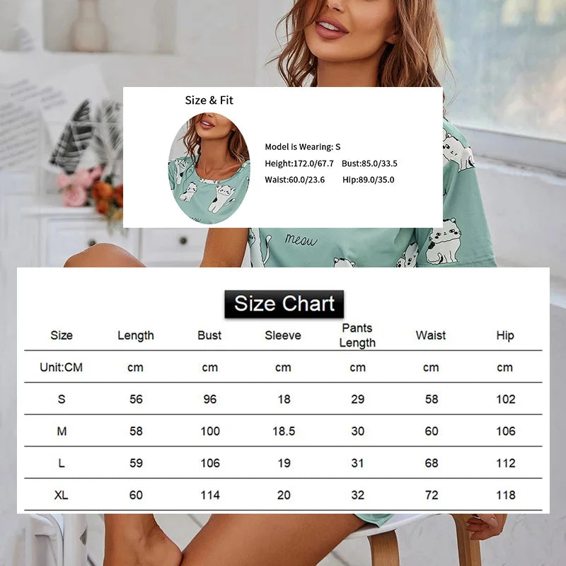 Women's 2-Piece Pajamas Set – Short Sleeve Cartoon Print Top and Pants Sleepwear Loungewear