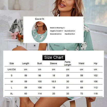 Women's 2-Piece Pajamas Set – Short Sleeve Cartoon Print Top and Pants Sleepwear Loungewear