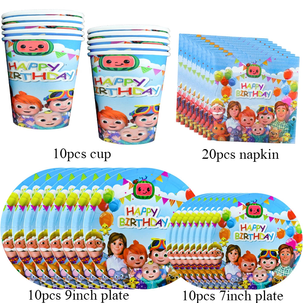 Cartoon JJ Melon Birthday Party Decorations Set – Disposable Tableware, Cups, Plates, Tablecloth, Balloons & Cake Topper for Kids & Baby Shower