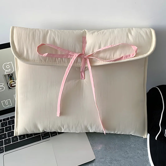 2 Piece Ballet Style Tablet Protective Case | Solid Color Laptop and Tablet Storage Bag for 11-13 Inch | Pink Bow Quilted Tablet Bag