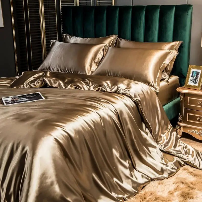 Solid Rayon Silk Bedding Set - Luxury Satin Duvet Cover Bed Sheet Pillowcase Set For King Single Double Couple Beds