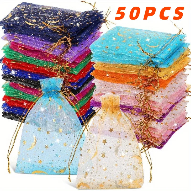50PCS Moon & Stars Organza Drawstring Bags – Gold Star Jewelry Gift Pouches for Christmas, Weddings & Favors