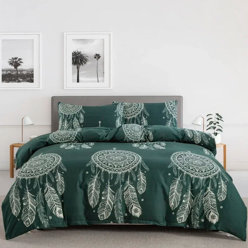 Grey Feather Duvet Cover Set – Full/Queen Boho Bedding with Soft Reversible White Comforter Cover for Kids & Teens