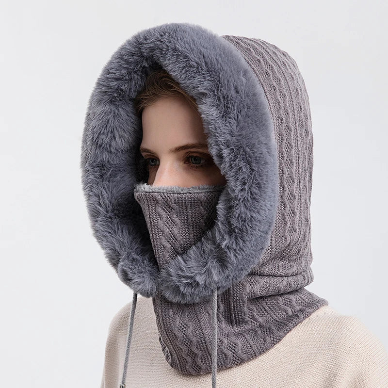 Winter Fur Cap Mask Set – Hooded Knitted Cashmere Neck Warmer, Plush Windproof Balaclava Ski Beanie for Women