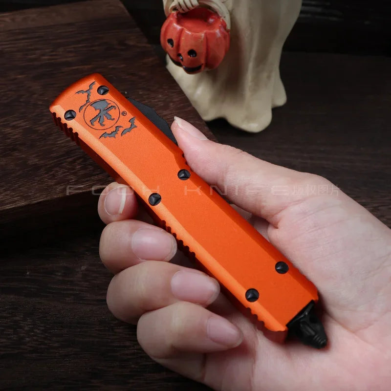 FOOH Knife Studio Halloween UltraTech Micro EDC Tool – Tactical D2 Steel with CNC Aluminum Orange Handle Comb