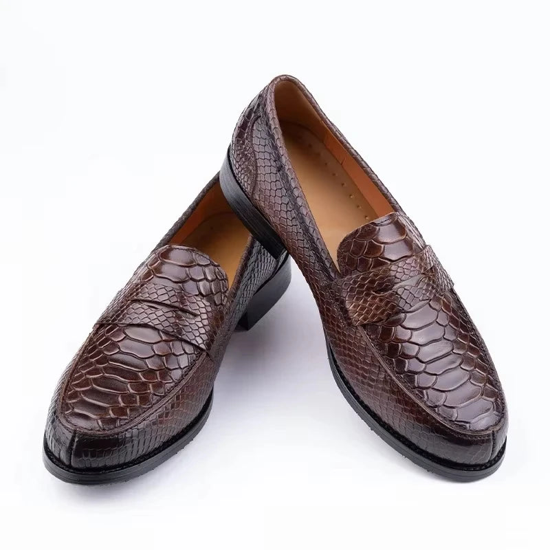 Men’s Genuine Leather Snake Print Penny Loafers - Handcrafted Slip-On Driving, Business & Formal Shoes
