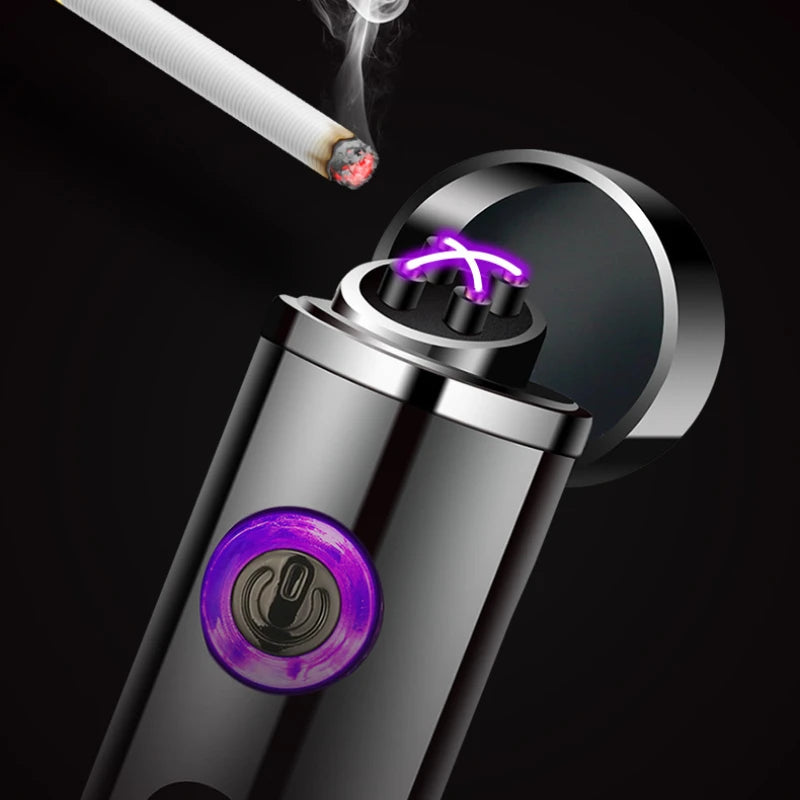USB Rechargeable Cylindrical Dual Arc Plasma Lighter – Portable Metal Cigarette Lighter