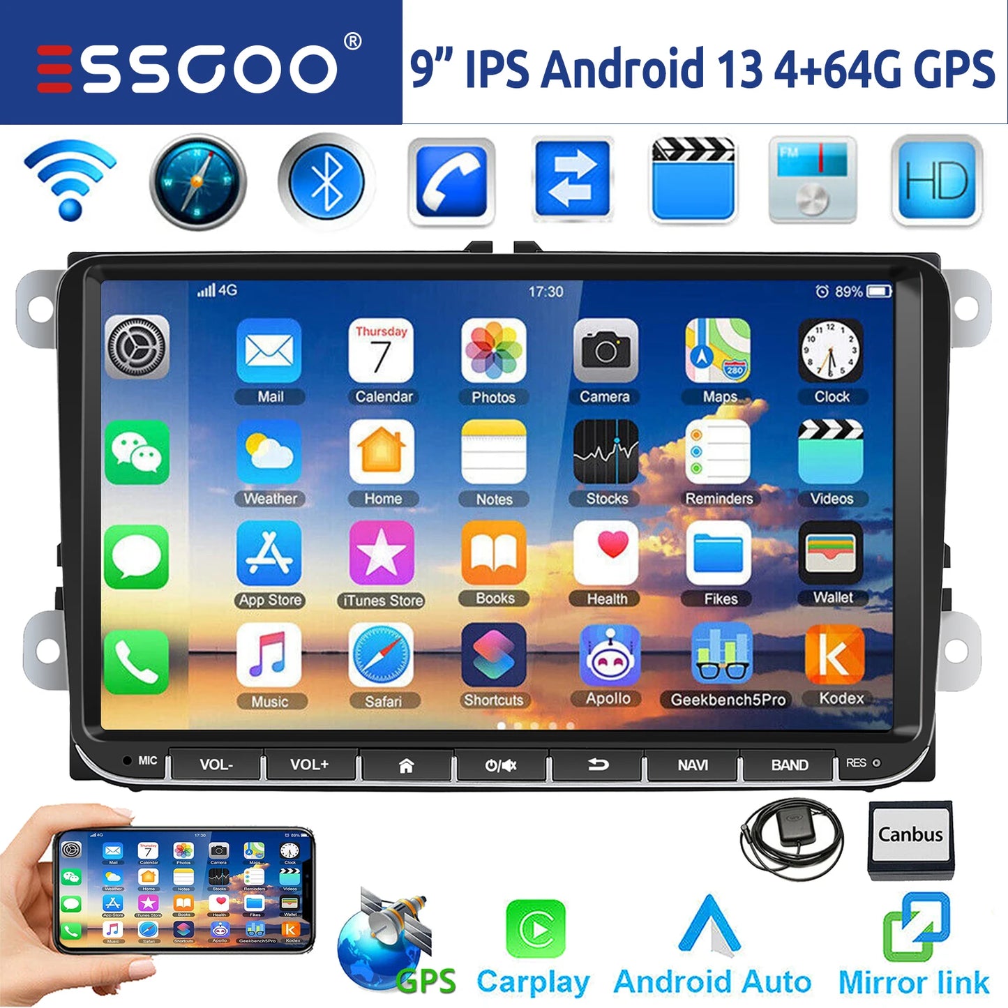 9" Android 15 Car Stereo - 6GB+128GB Wireless CarPlay GPS WiFi Bluetooth FM for VW