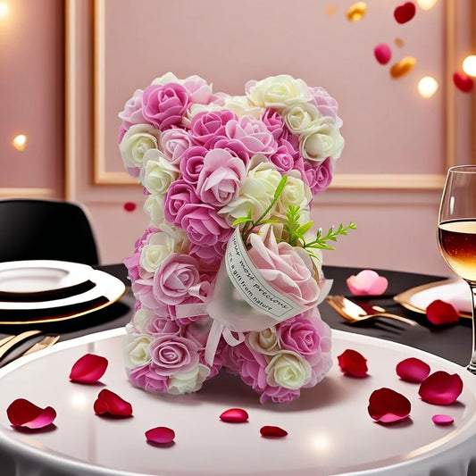 Artificial Rose Bear with Hand Corsage – Romantic Gift for Valentine’s Day, Birthdays, Weddings & Mother’s Day