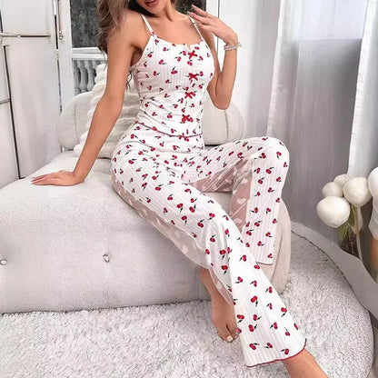 2-Piece Women’s Sexy Mesh Lace Pajama Set – Transparent Ribbed Strap Top & Pants Lounge Sleepwear