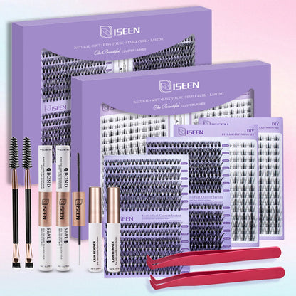 DIY Eyelash Extension Kit – Cluster Mix Eyelashes Set with Lash Bond & Seal, Tweezers & Brush for Full Lash Look