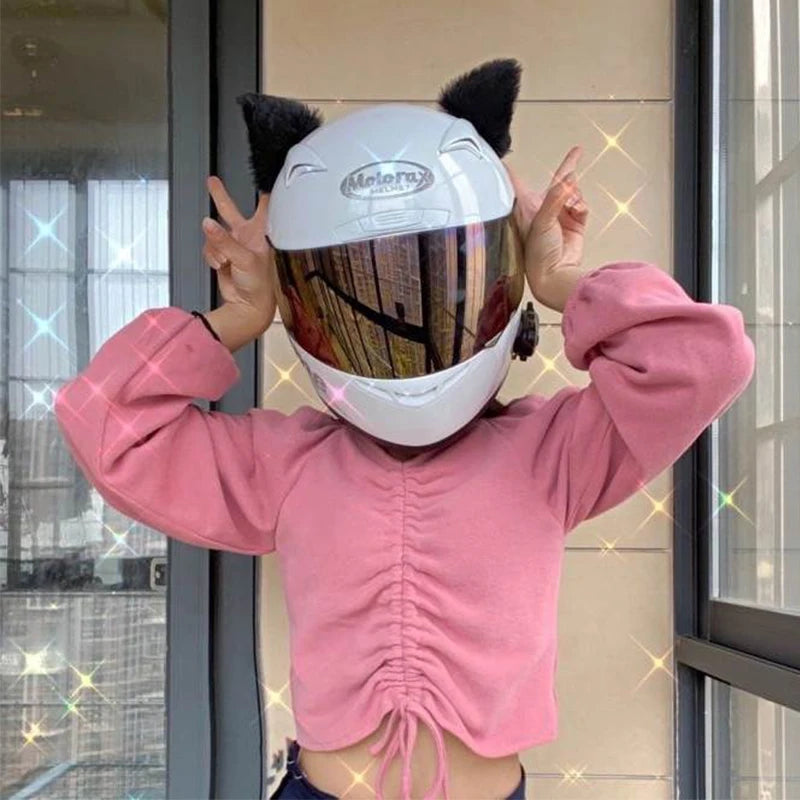 Motorcycle Helmet Cat Ears Decoration - Cute Plush Stickers for Motocross Helmet - Full Face Off Road Helmet Decor for Cosplay Styling