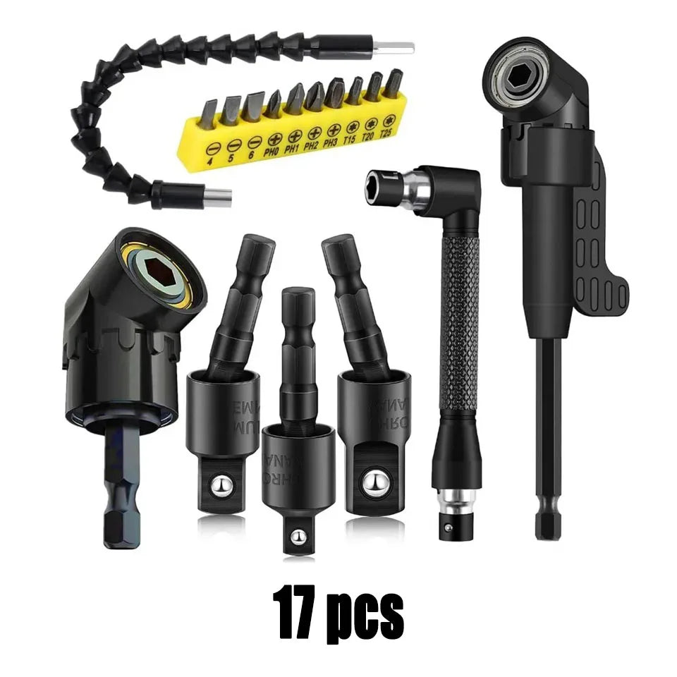 Flexible Drill Extension Kit – 105° Right Angle Drill Adapter with Universal Sleeve, Multi-Size Drill Extender Tool for Tight Spaces