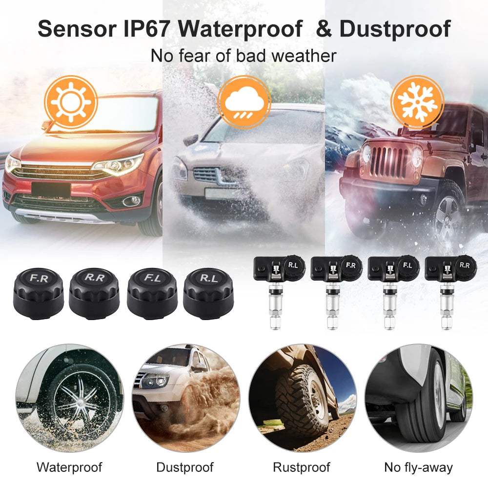 Solar Car TPMS Tire Pressure Monitoring System – 4 External Sensors with Temperature Alarm for Tyre Safety