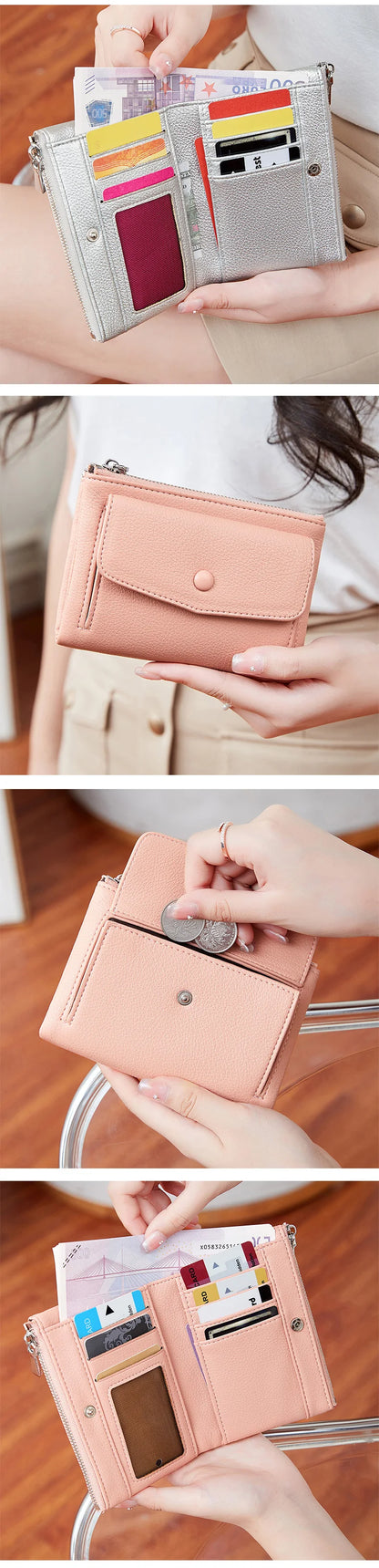 Women’s PU Leather Short Double Zipper Wallet – Simple Solid Color, Large Capacity Credit Card Holder with Coin Pocket