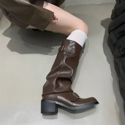 Women’s Knee-High Boots – Platform Chunky Heel Punk Gothic New Rock Leather Motorcycle Footwear Q221