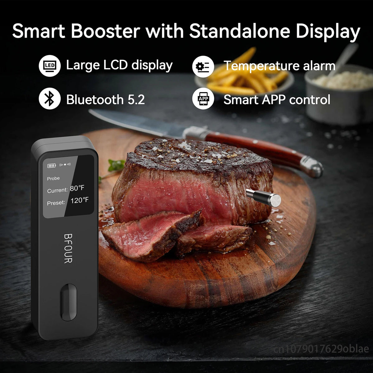 Wireless Bluetooth Meat Thermometer - IP67 Waterproof Probes with LCD Display, Rechargeable Booster for Grilling, Smoker, BBQ & Oven