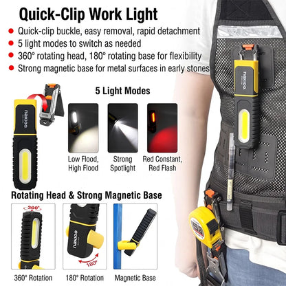 NAKIOO COB LED Work Light - Magnetic Base, 360° Rotating Portable Inspection Flashlight with 5 Light Modes
