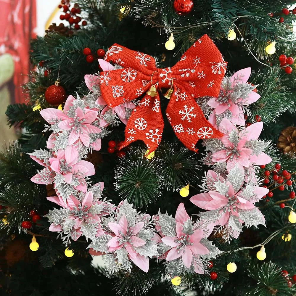 Glitter Artificial Christmas Flowers – 14.5cm Pink, Red & Gold Tree Ornaments for Holiday Home Decor