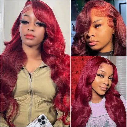 99J Burgundy Body Wave Human Hair Wig – 13x6 HD Transparent Lace Front, 30-40 Inch Curly Brazilian Hair for Women