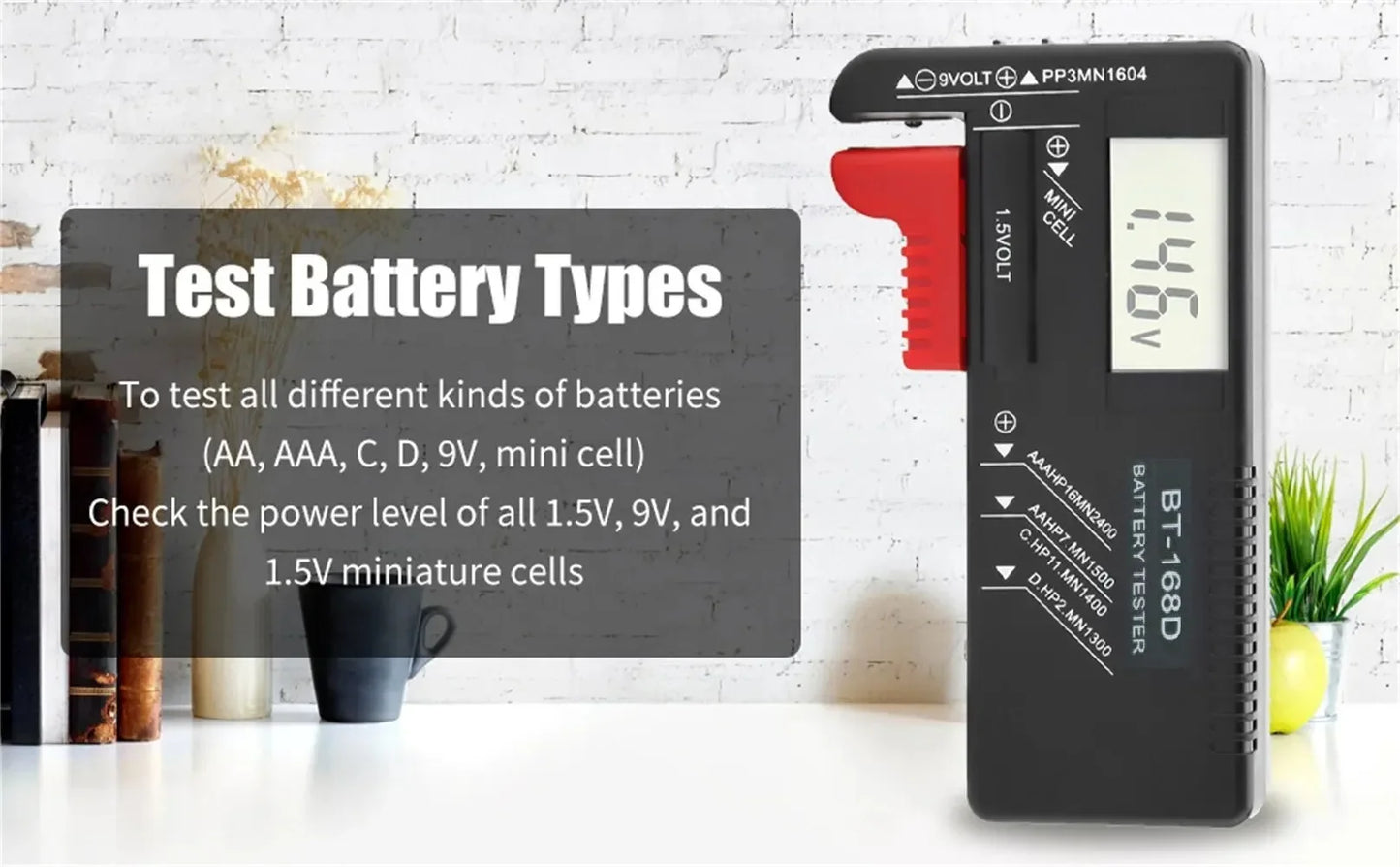 BT-168D Universal Battery Tester | Digital LCD Voltage Tester for AA, AAA, 9V, 1.5V, and Button Cell Batteries