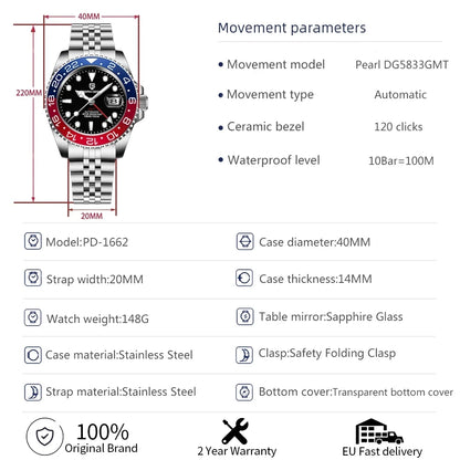 PAGANI DESIGN V3 GMT Men’s Luxury 40mm Automatic Mechanical Watch – Sapphire Crystal Stainless Steel Waterproof