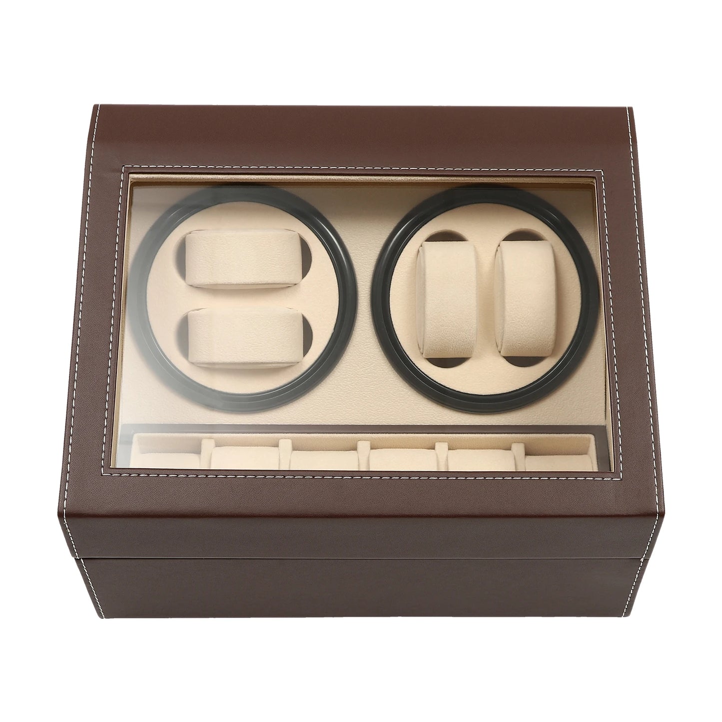 4+6 Slot Automatic Watch Winder – Leather & Wood Luxury Display Case with Pillow, Black/Brown
