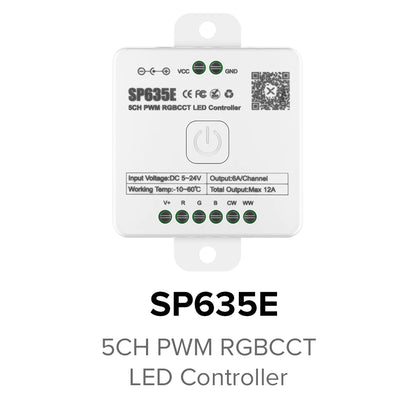 SP630E All-in-One LED Controller 5CH PWM SPI, RGB/RGBW/CCT Music Sync Bluetooth, Compatible with WS2812B WS2811 SK6812 FCOB 5050 5V–24V LED Strip