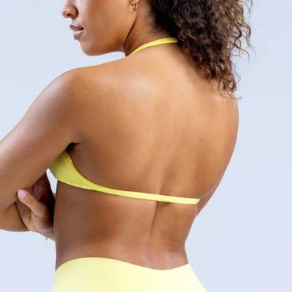 Impact Strappy Halter Sports Bra – Light Support Seamless Gym & Yoga Crop Top with Padding