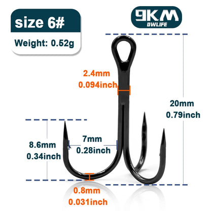 9KM High Carbon Steel Treble Fishing Hooks – Barbed Triple Hooks for Hard Lures & Saltwater Fishing