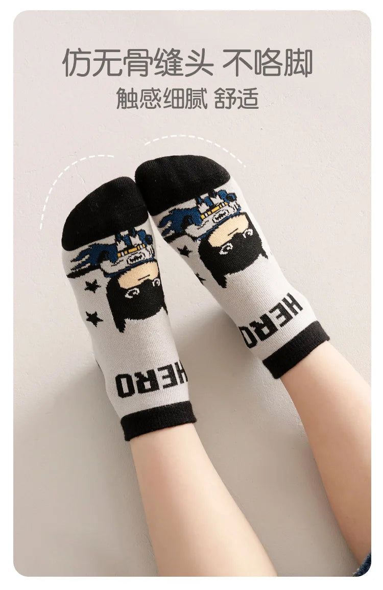 5 Pairs Spiderman Cotton Socks for Kids – Iron Man, Hulk, Thor Anime Boys Short Socks, Cartoon Baby Spring & Summer Footwear