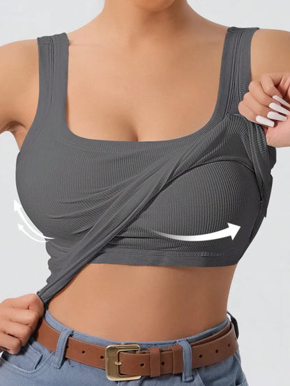 Women's Ribbed One-Piece Tank Top - Built-In Bra Square Neck Slim Fit Summer Bodysuit