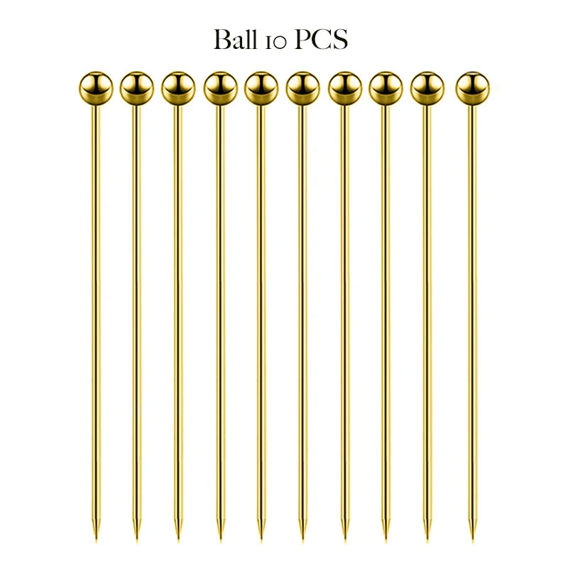 10PCS Stainless Steel Cocktail Picks - Fruit Sticks & Drink Stirring Sticks in Circle, Ball, and Hat Shapes
