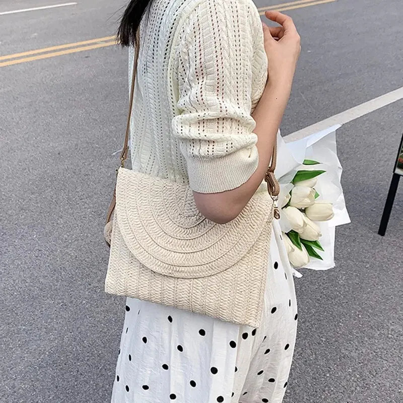 Handmade Straw Beach Bag – Small Woven Summer Shoulder Crossbody Clutch with Hair Ball
