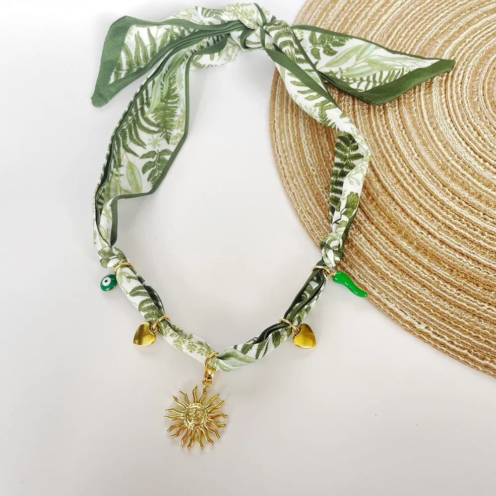 Bohemian Fabric Scarf Necklace - Sea Life, Heart & Floral Charm Pendant Vacation Jewelry Gift for Women