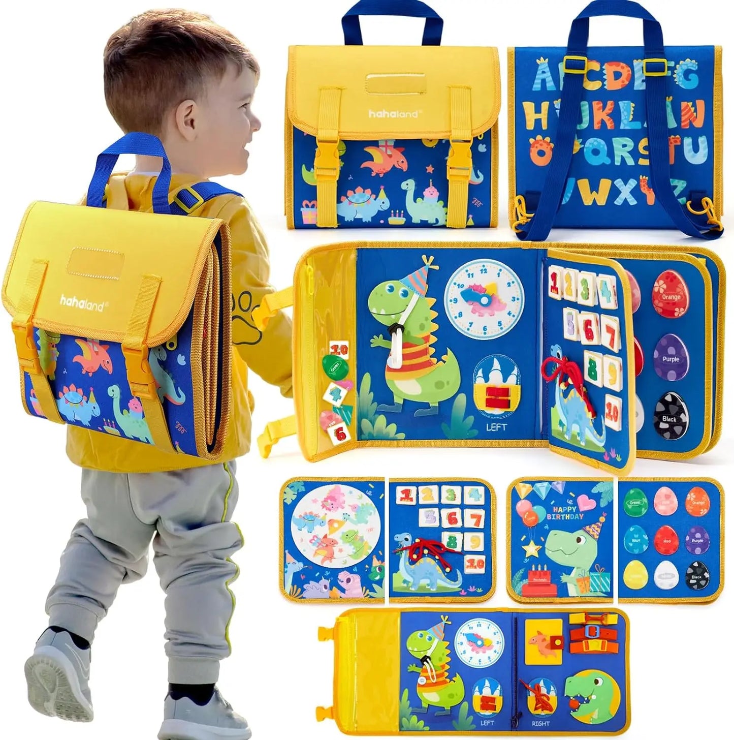 Montessori Toddler Busy Board – Dinosaur Dress-Up Sensory Toy for Learning Life Skills & Travel Backpack