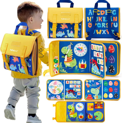 Toddler Montessori Busy Board – Dinosaur Dress-Up, Learning & Sensory Activities, Travel Toy & Life Skills Backpack
